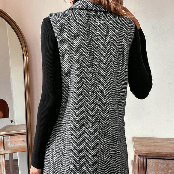 Black multicolor Elegant Women's Sleeveless Herringbone Blazer vest - Picture 2 of 5